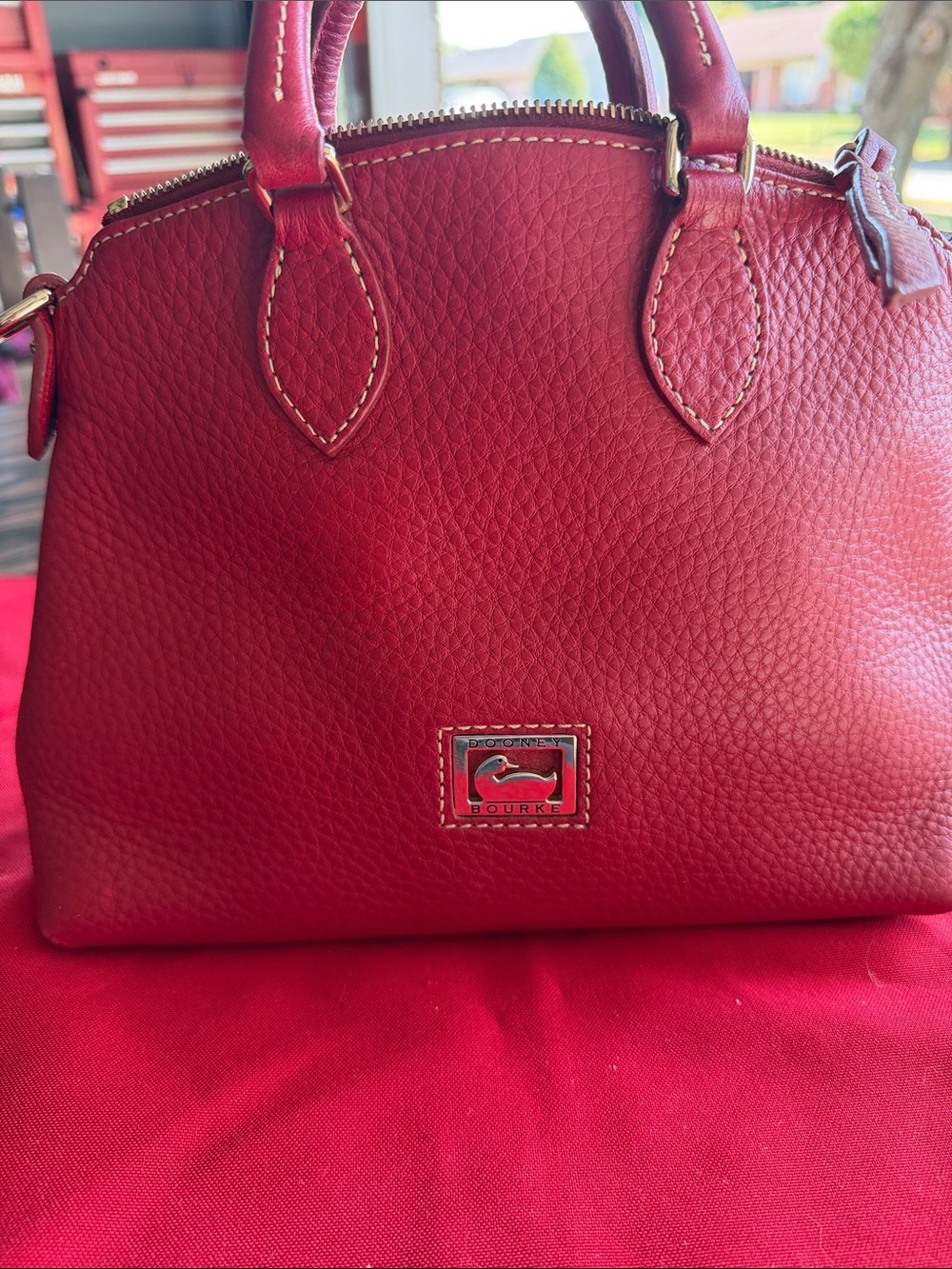 Dooney & Bourke Red Pebbled Leather Satchel with Gold-Tone Logo